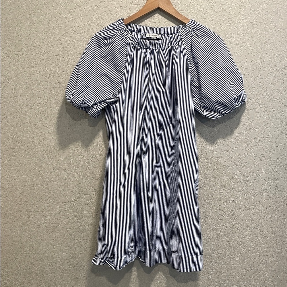 Free Assembly Blue White Stripe Puff Sleeve Mini Dress Size M - Picture 2 of 7